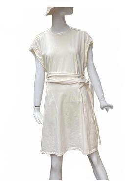 Minimalist Cream Shift Dress Wrap Around Tie Waist Neutral Chic XL Zapelle